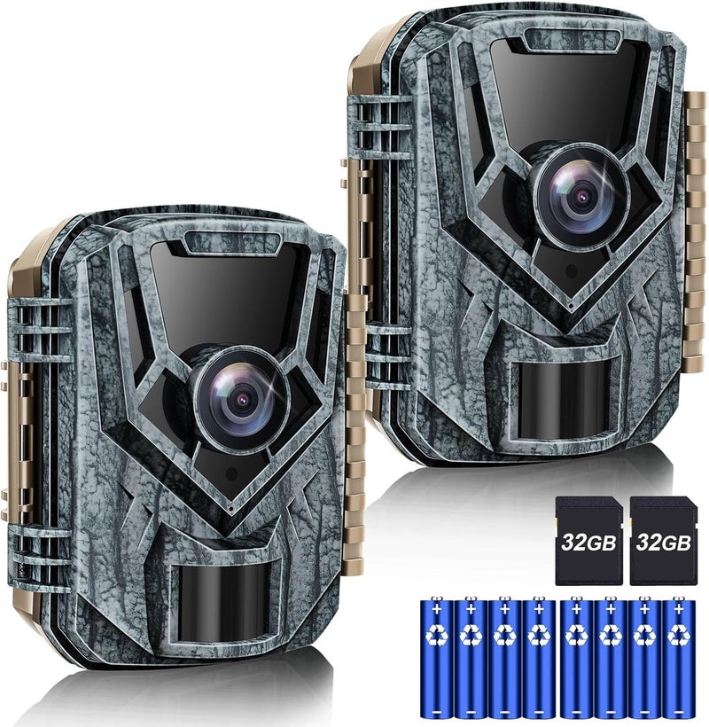 Punvoe Trail Camera 2 Pack 36 MP 2.7K Game Camera 32GB Memory Card 4 Batteries Time 2.0" LCD Screen, Trail Cameras with 120°Wide Night Vision IP66 Waterproof for Monitoring Wildlife Trail Cam - Image 1